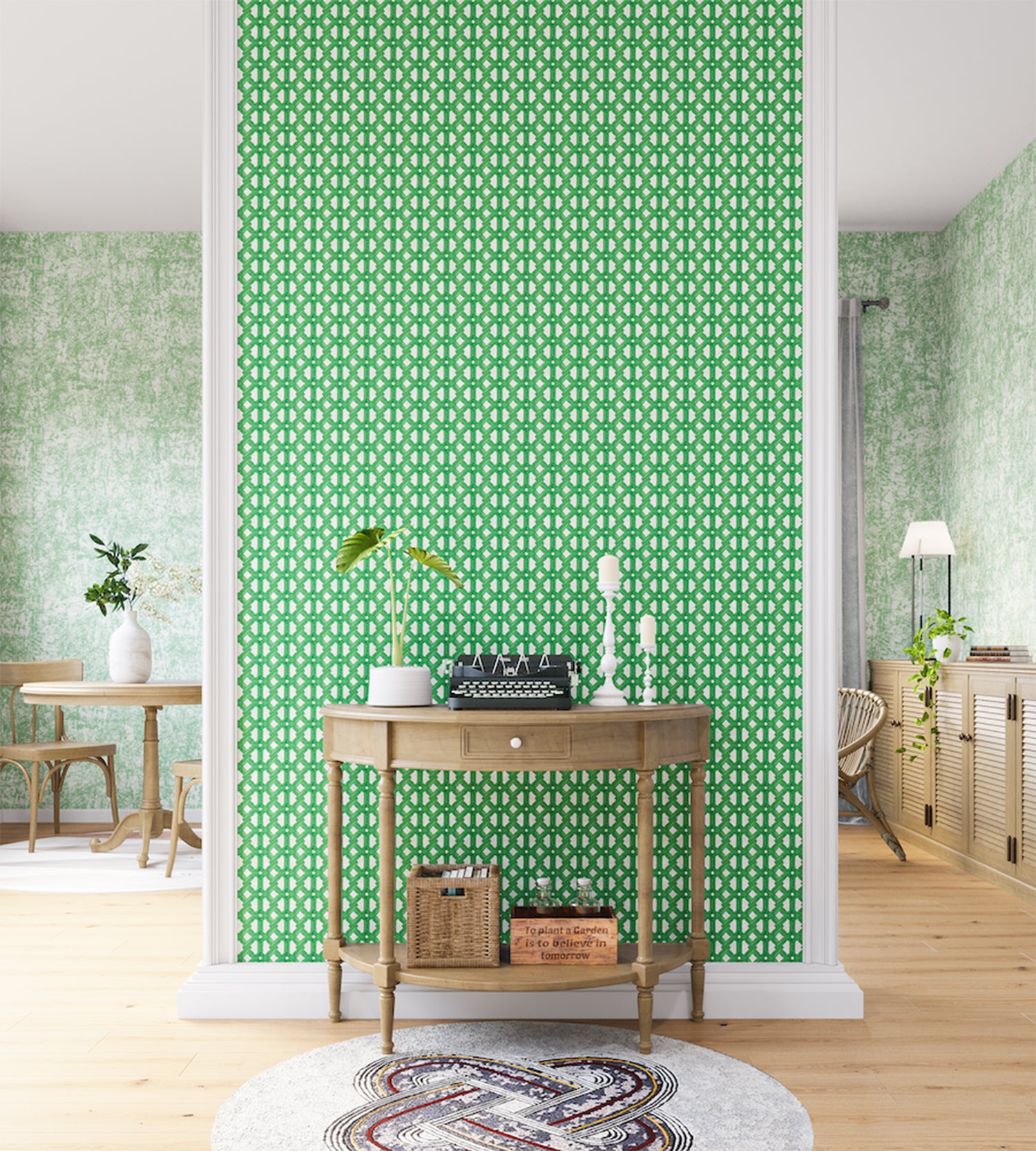 A maximalist living space with an accent wall papered in an intricate lattice print in green on a cream field.