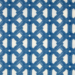 Detail of fabric in an intricate lattice print in navy on a cream field.