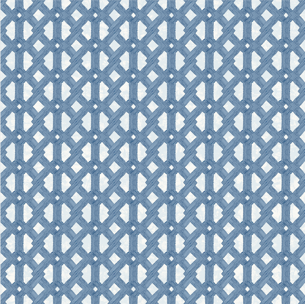 Detail of wallpaper in an intricate lattice print in light blue on a white field.
