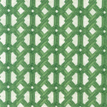 Detail of fabric in an intricate lattice print in green on a light green field.