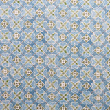 Detail of fabric in a floral lattice print in blue, green and white.