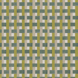 Detail of fabric in an interlocking checked pattern in shades of tan, lime and green.