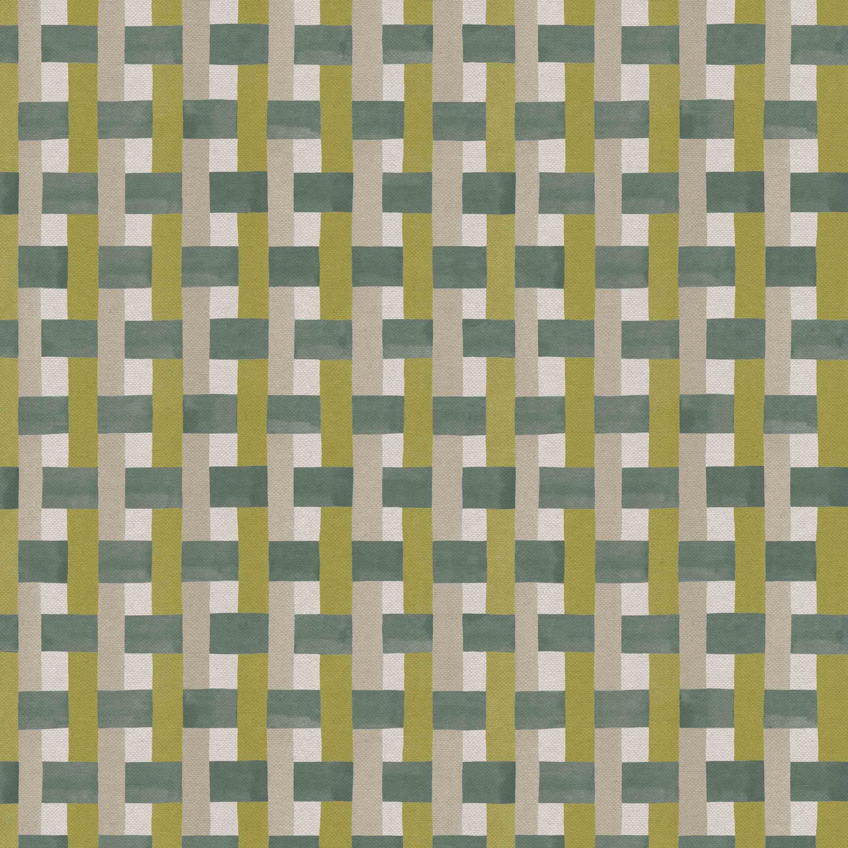 Detail of fabric in an interlocking checked pattern in shades of tan, lime and green.