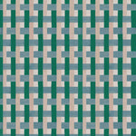 Detail of fabric in an interlocking checked pattern in shades of blue, green and pink.
