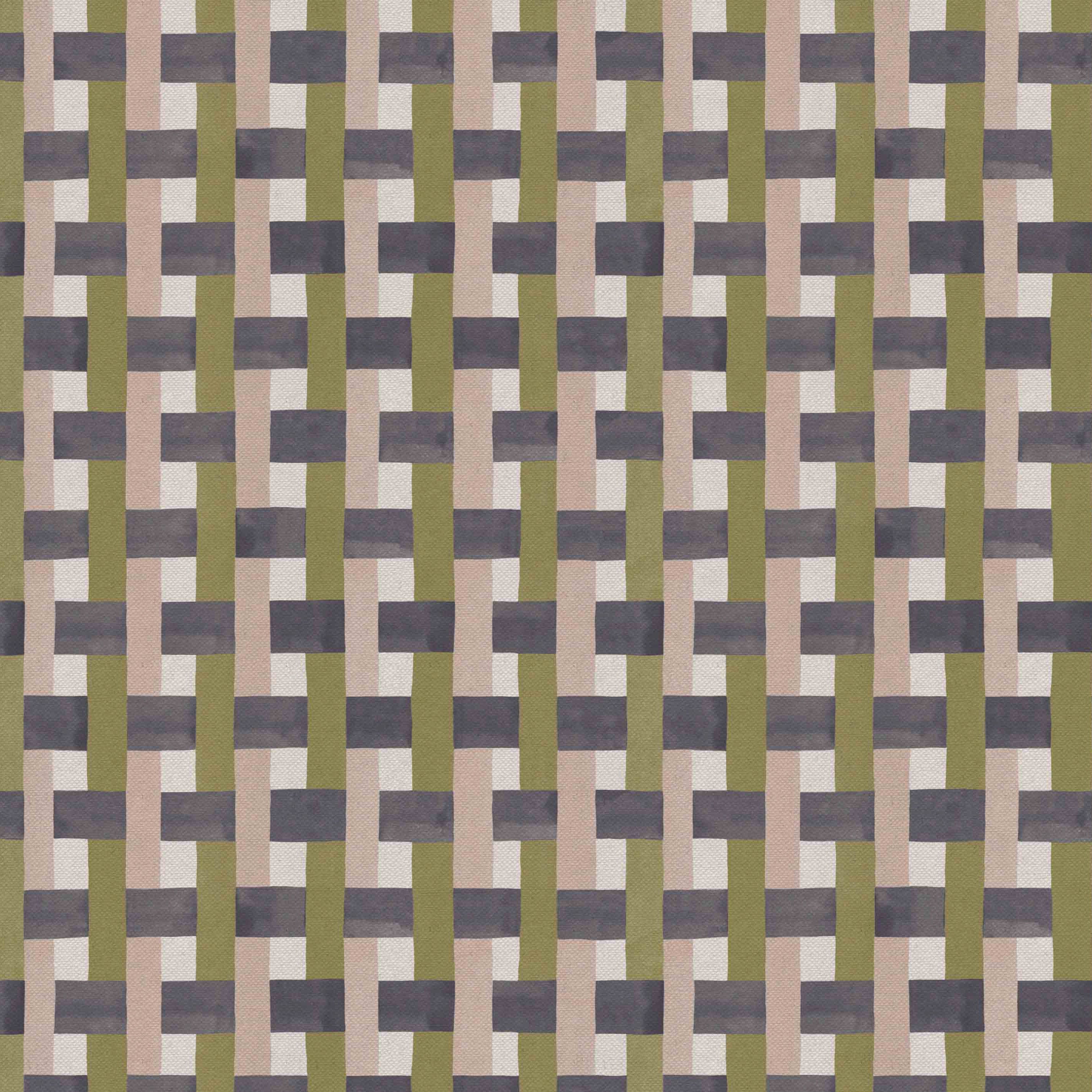 Detail of fabric in an interlocking checked pattern in shades of pink, purple and sage.