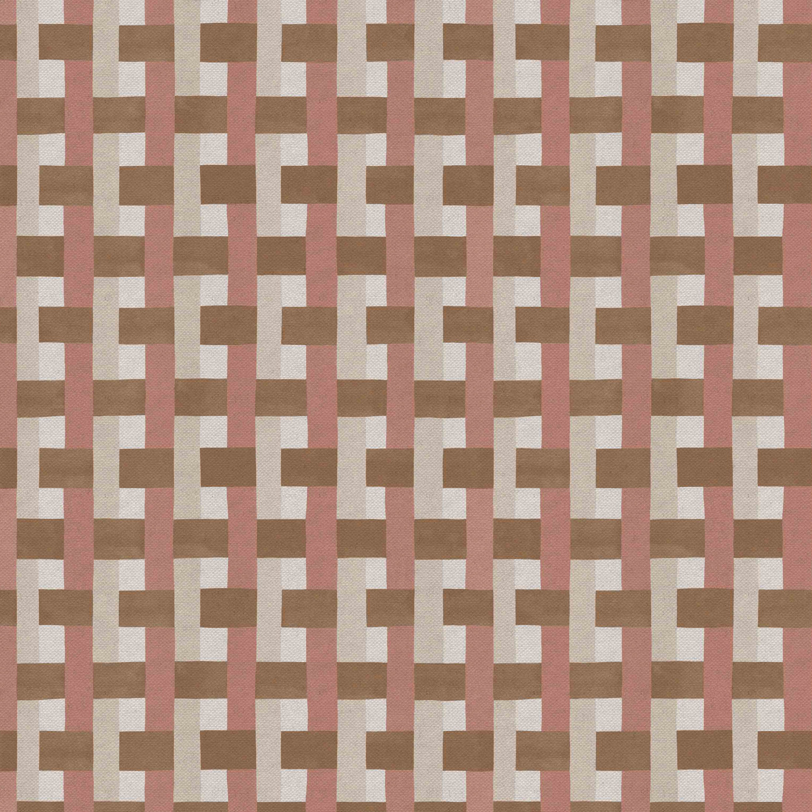 Detail of fabric in an interlocking checked pattern in shades of pink, tan and brown.