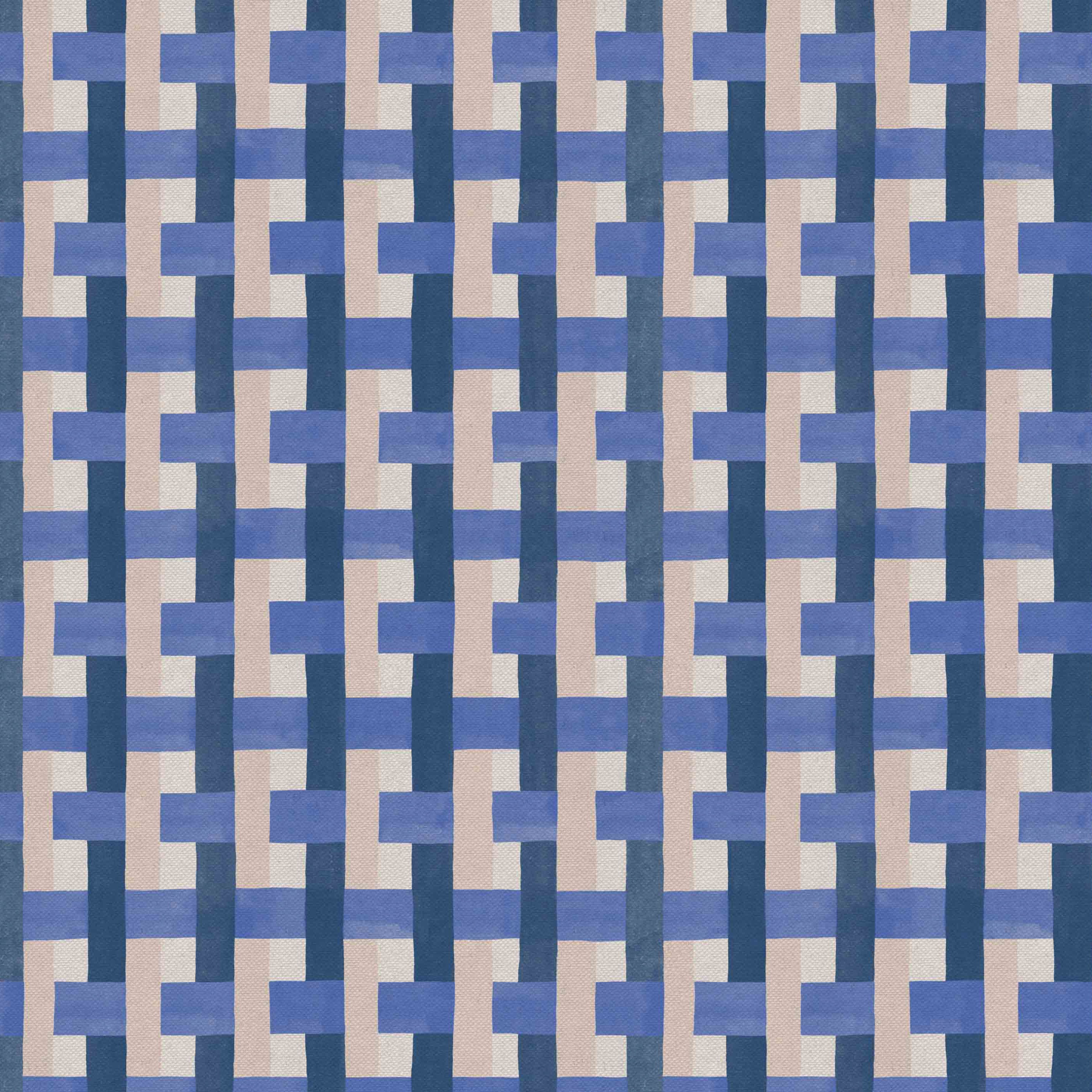 Detail of fabric in an interlocking checked pattern in shades of tan, blue and navy.