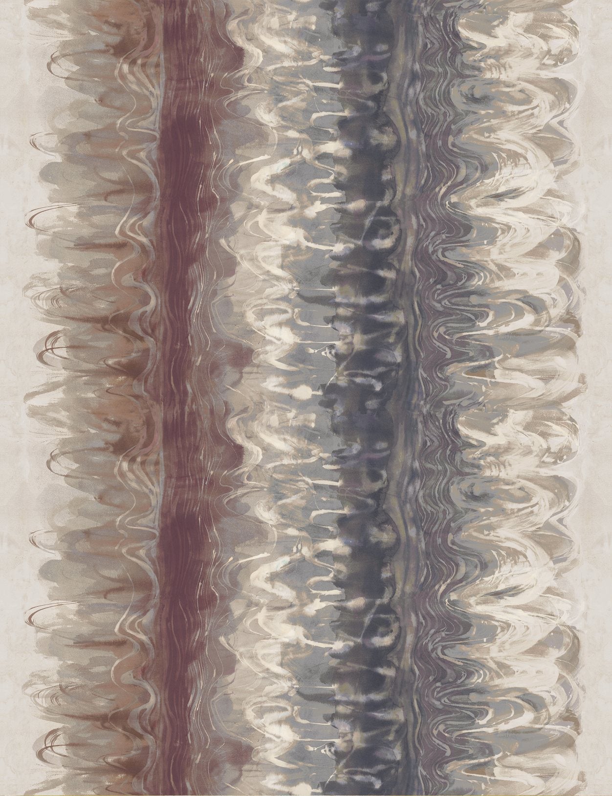 Detail of fabric in an abstract paint blot pattern in shades of mauve, gray and blue on a mottled cream field.