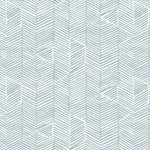 Detail of fabric in a dense herringbone print in blue-gray on a white field.