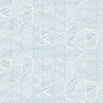 Detail of wallpaper in a dense herringbone print in light blue on a white field.