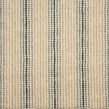 Broadloom carpet with widely spaced pin stripes in light and dark blue with oatmeal. 