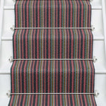 Striped flatweave runner in pink green purple blue with black border on white staircase