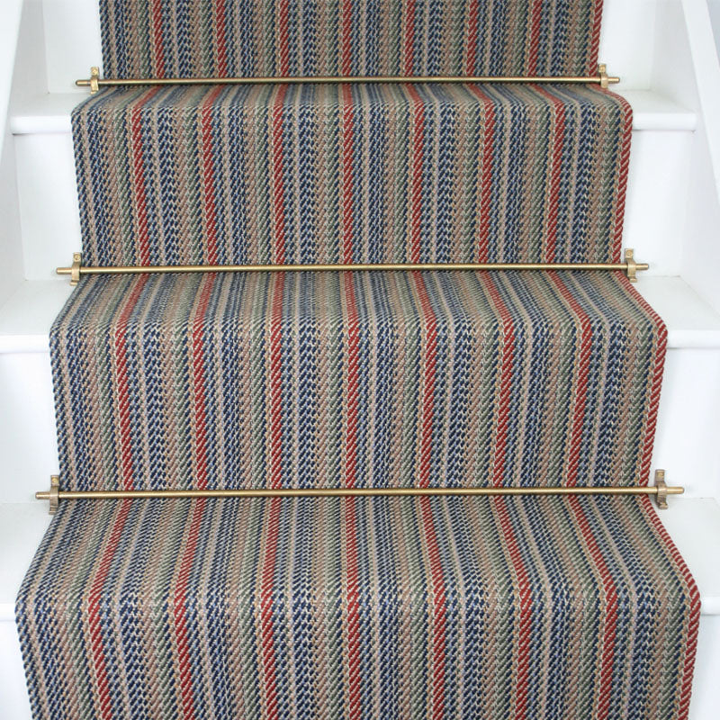 Striped flatweave runner in multi red blue green tan on white stairs 