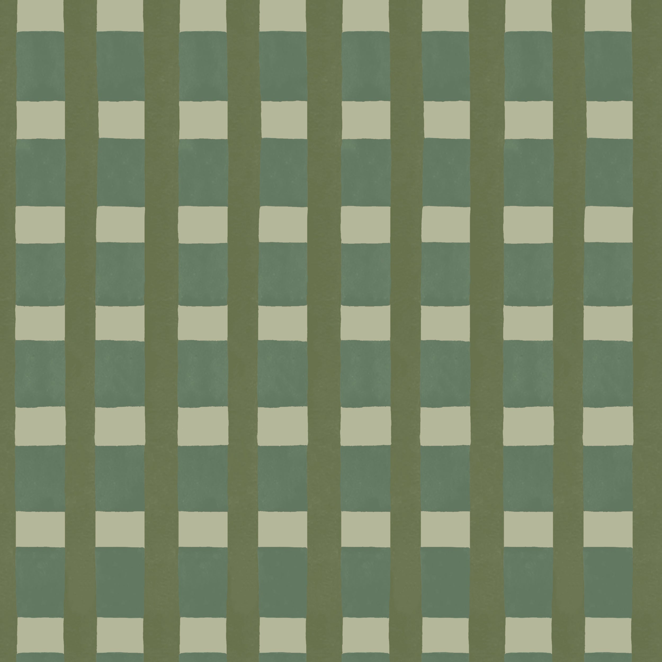 A wallpaper pattern detail in a gridded check pattern in green, sage and taupe.