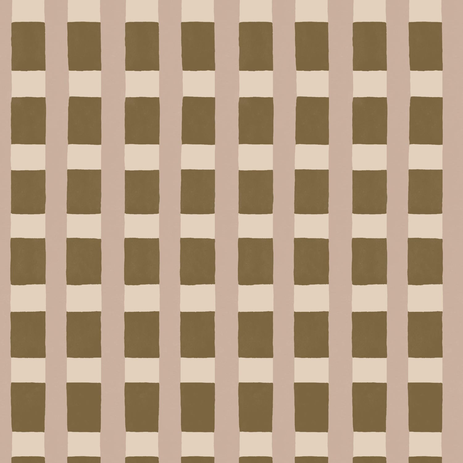 A wallpaper pattern detail in a gridded check pattern in brown, cream and mauve. 