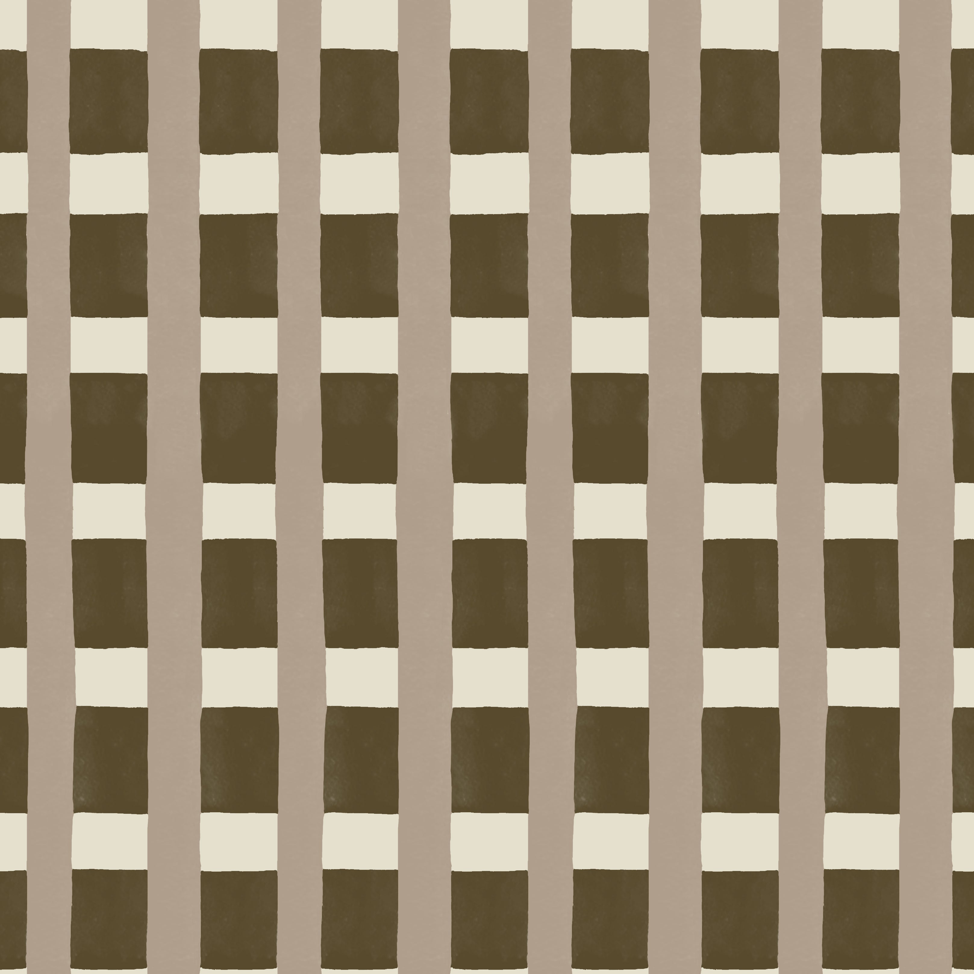 A fabric pattern detail in a gridded check pattern in brown, cream and mauve. 