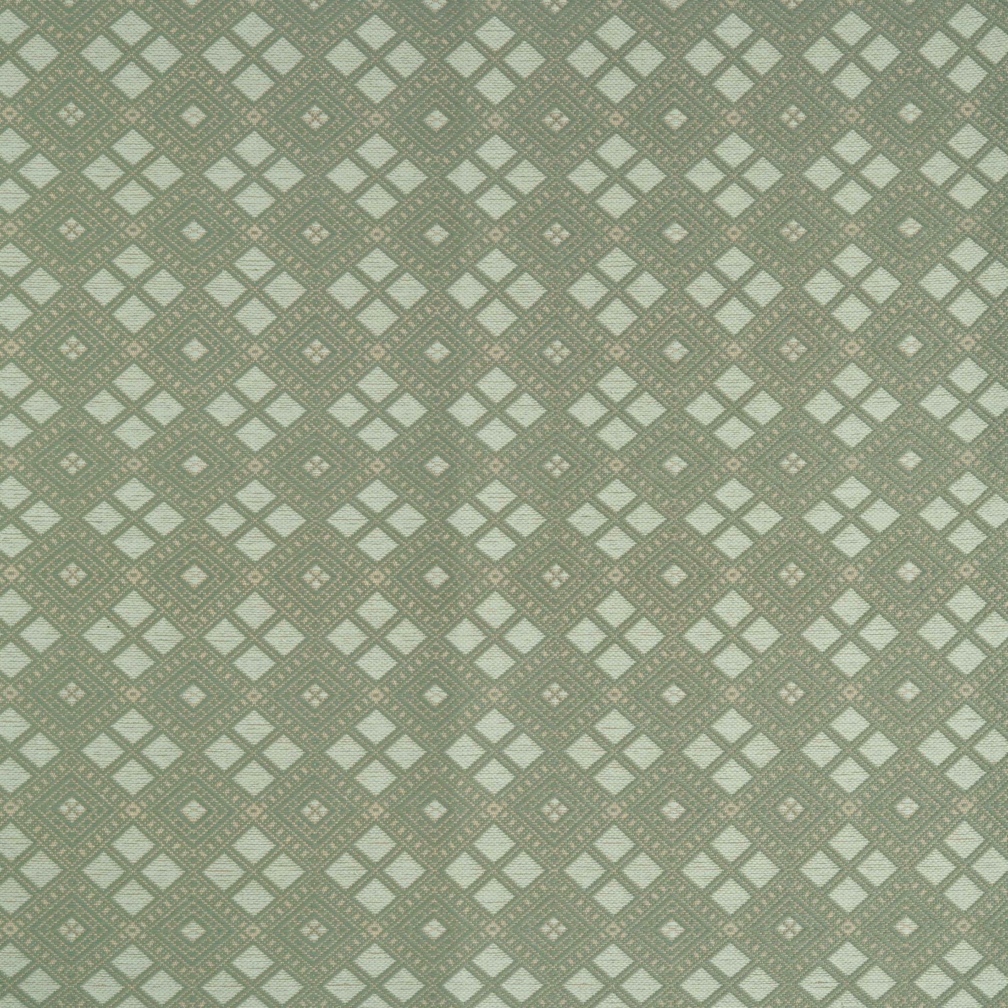 Woven fabric with ornate diamond design in shades of green. 