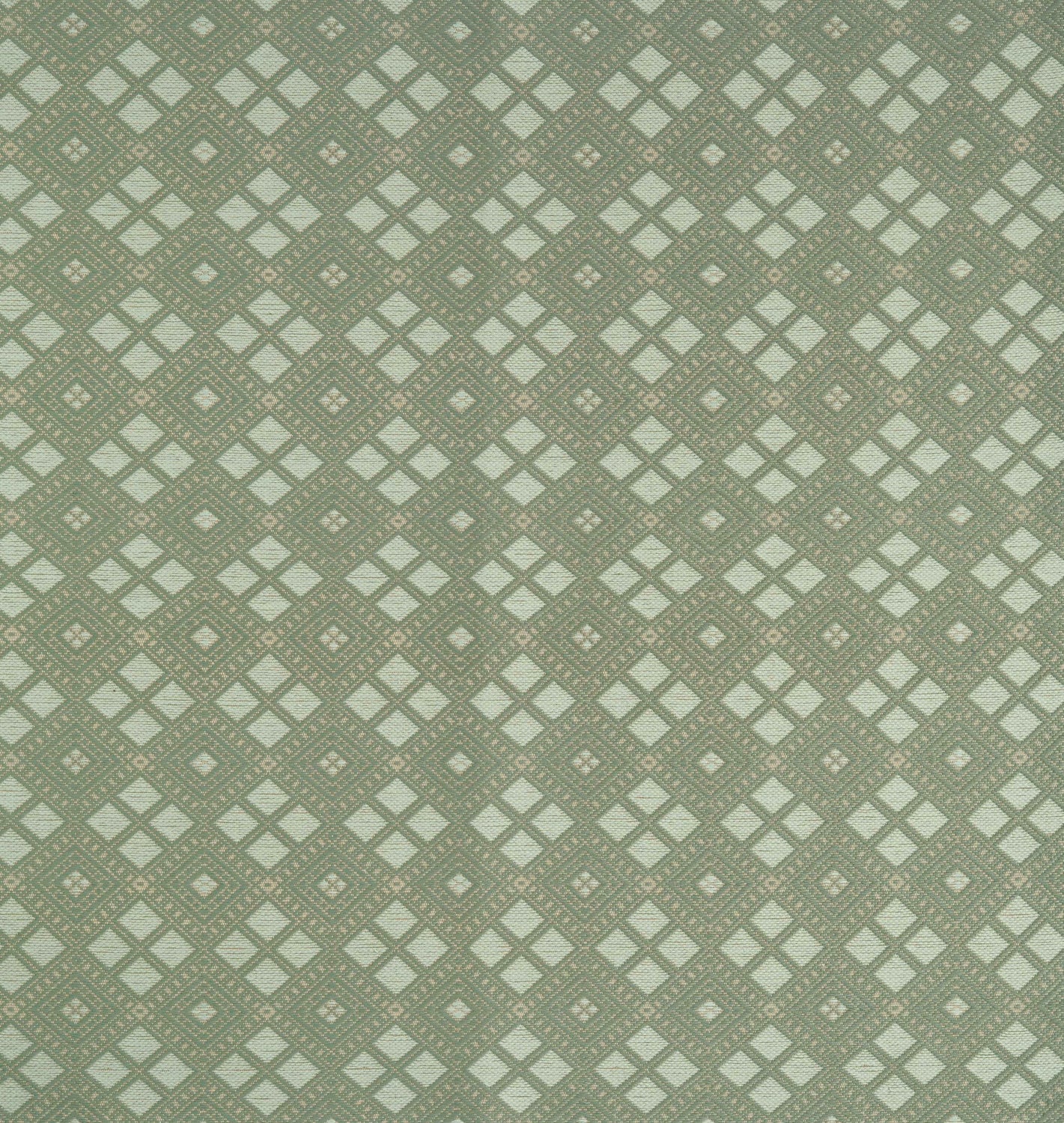 Woven fabric with ornate diamond design in shades of green. 