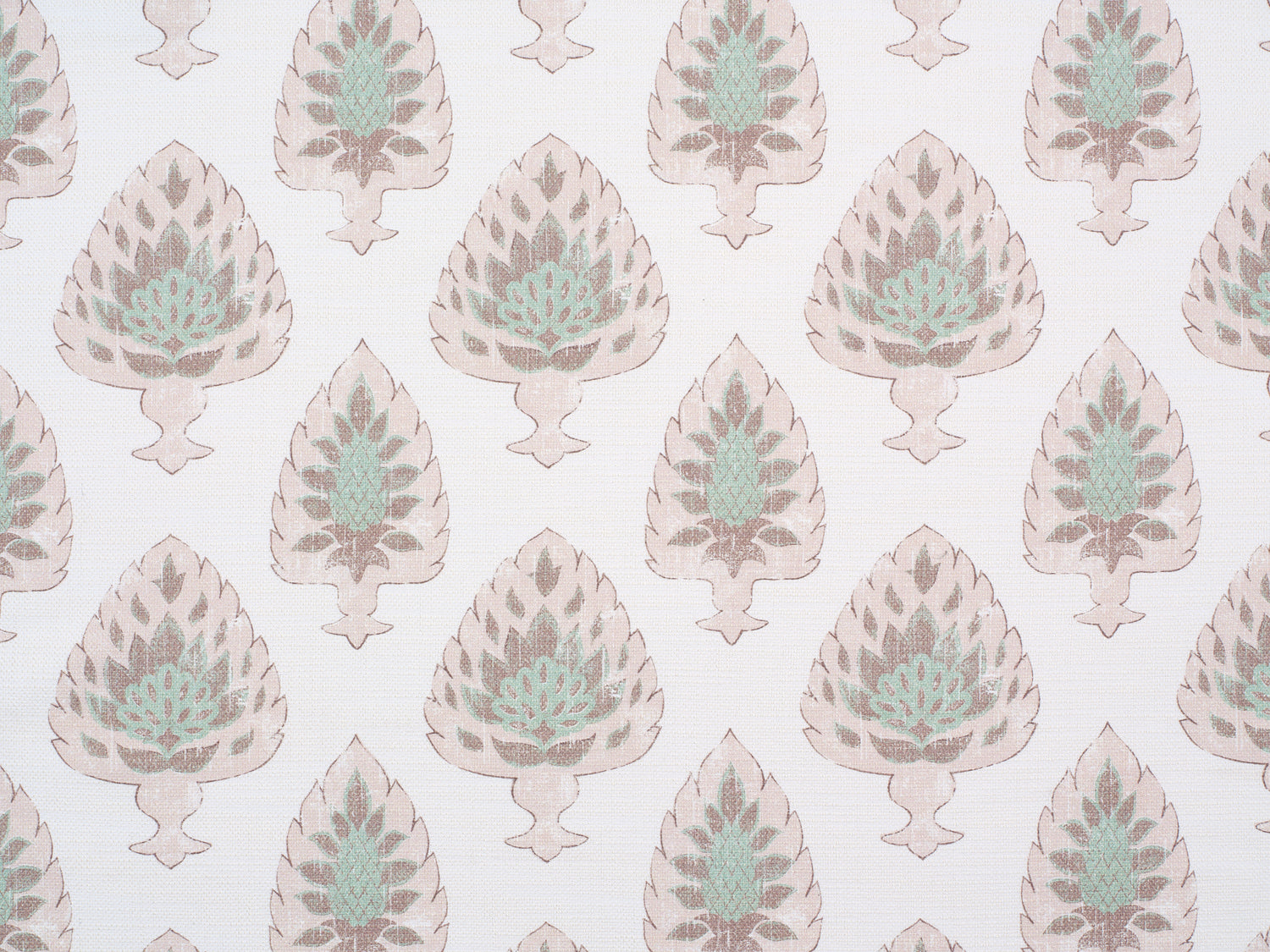 Detail of fabric in a botanical damask print in shades of pink, green and brown on a cream field.