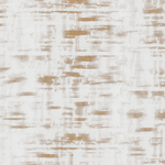 Close up of abstractly textured venetian paster wallpaper in white with subtle brush marks in camel brown. 
