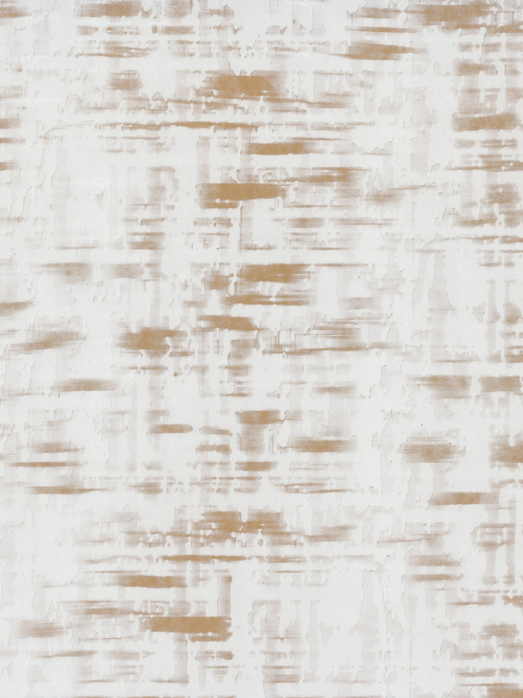 Close up of abstractly textured venetian paster wallpaper in white with subtle brush marks in camel brown. 