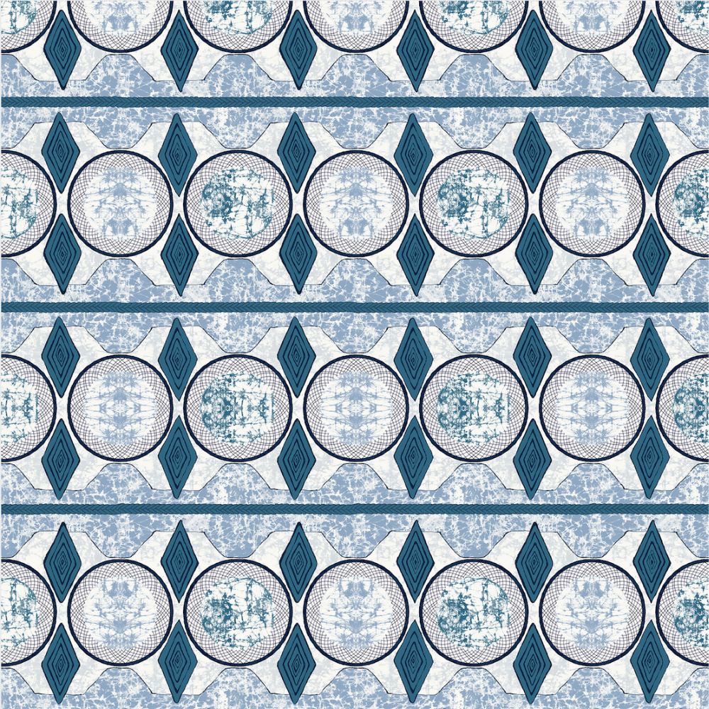 Detail of wallpaper in an intricate geometric stripe in shades of blue, navy and cream.