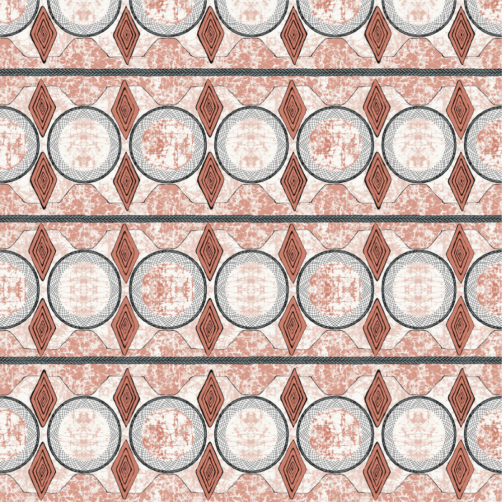 Detail of wallpaper in an intricate geometric stripe in shades of rust, gray and cream.