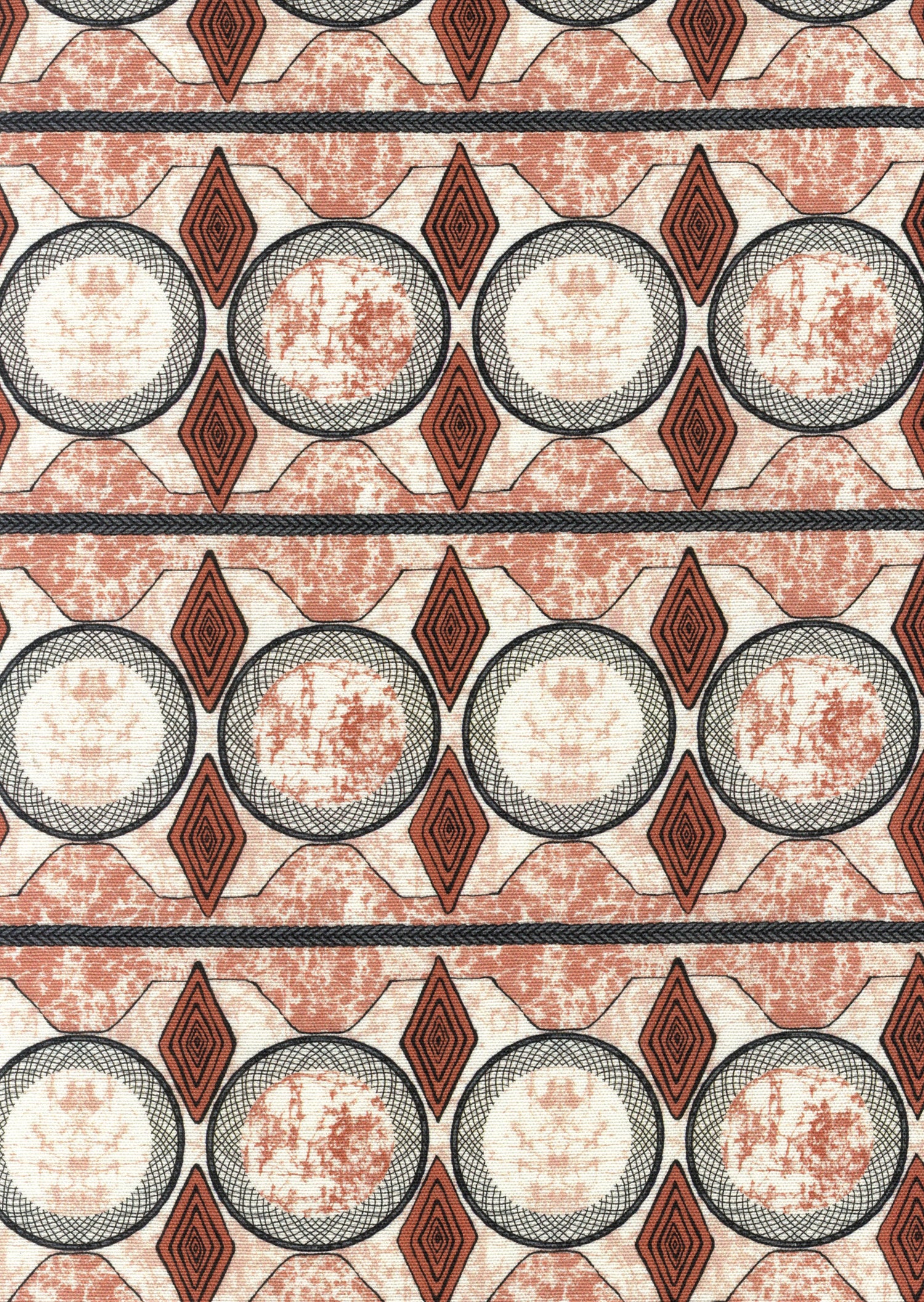 Detail of fabric in an intricate geometric stripe in shades of rust, gray and cream.