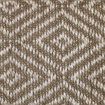 Close-up of a textured natural fibre woven diamond pattern rug in brown.