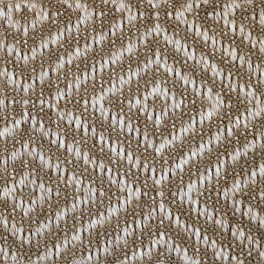 Close-up of a textured natural fibre woven diamond pattern rug in brown.
