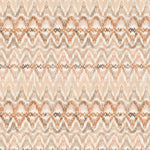 Detail of fabric in a painterly ikat print in shades of tan and orange on a white field.