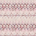 Detail of fabric in a painterly ikat print in shades of purple and pink on a white field.