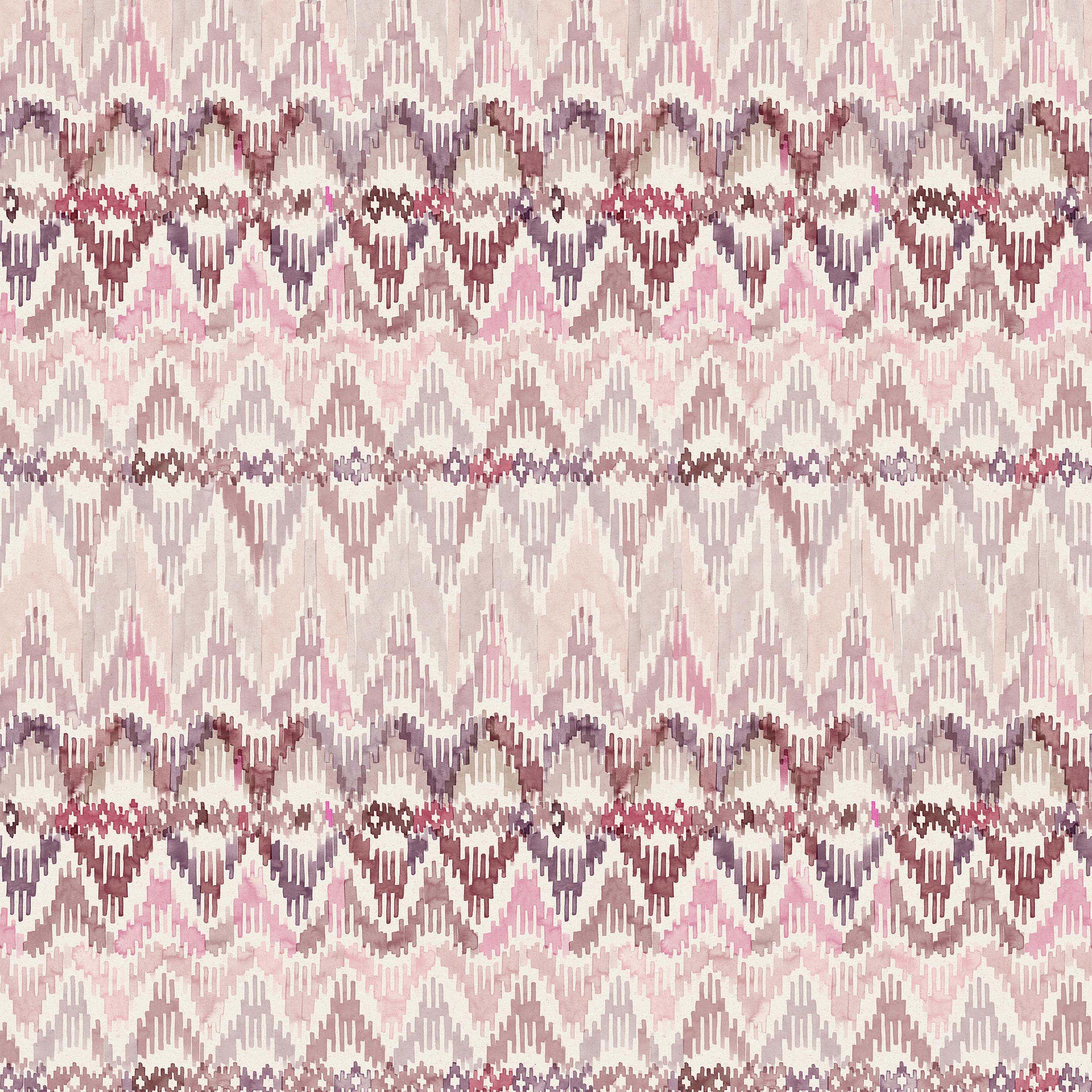 Detail of fabric in a painterly ikat print in shades of purple and pink on a white field.