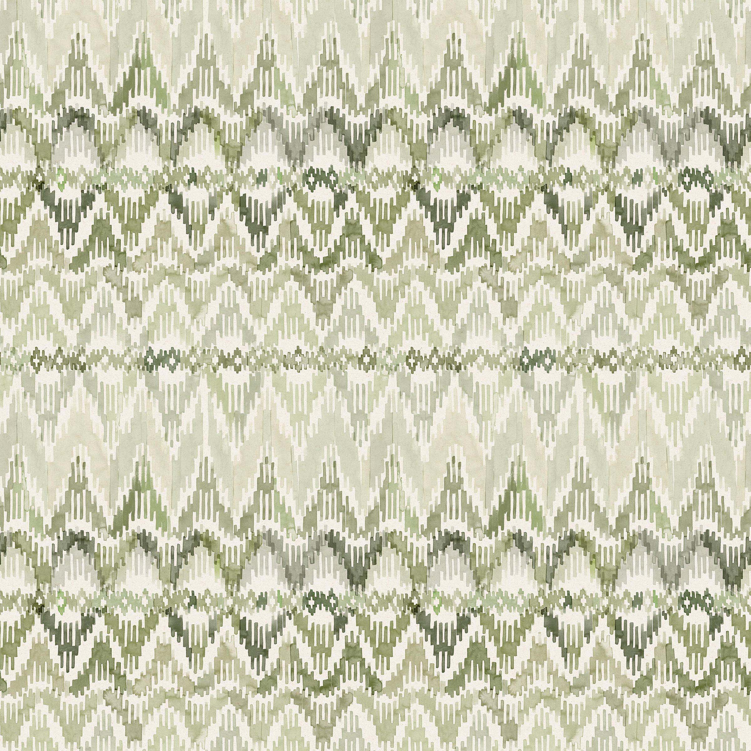 Detail of fabric in a painterly ikat print in shades of green on a white field.