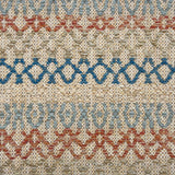 Handwoven rug detail in a lattice stripe design in blue, rust red, sage green and tan. 
