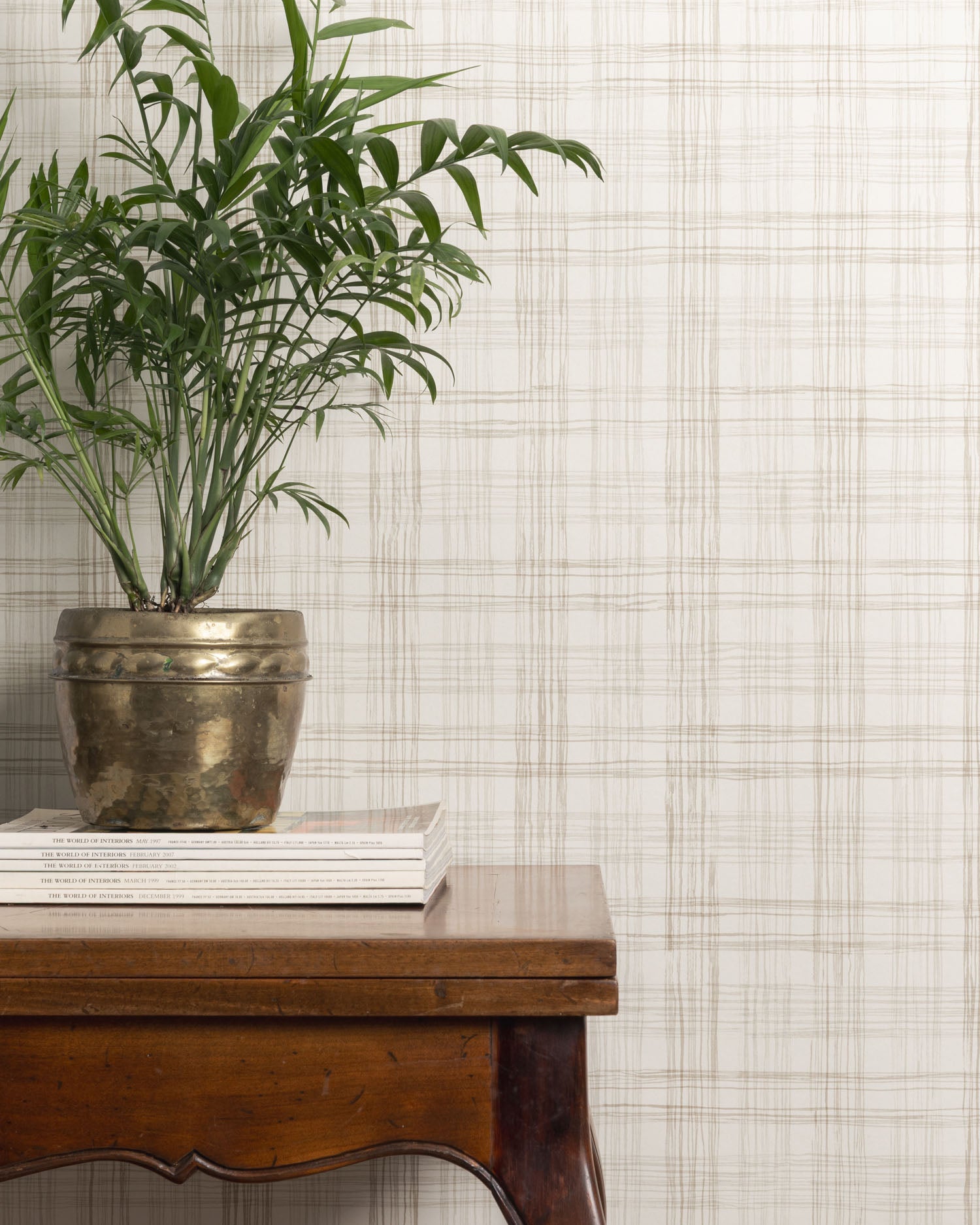 Potted plant on a wooden table against a taupe plaid wallpaper.