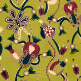 Detail of a playful graphic botanical design  in teal, red, purple and tan on a lime green field.