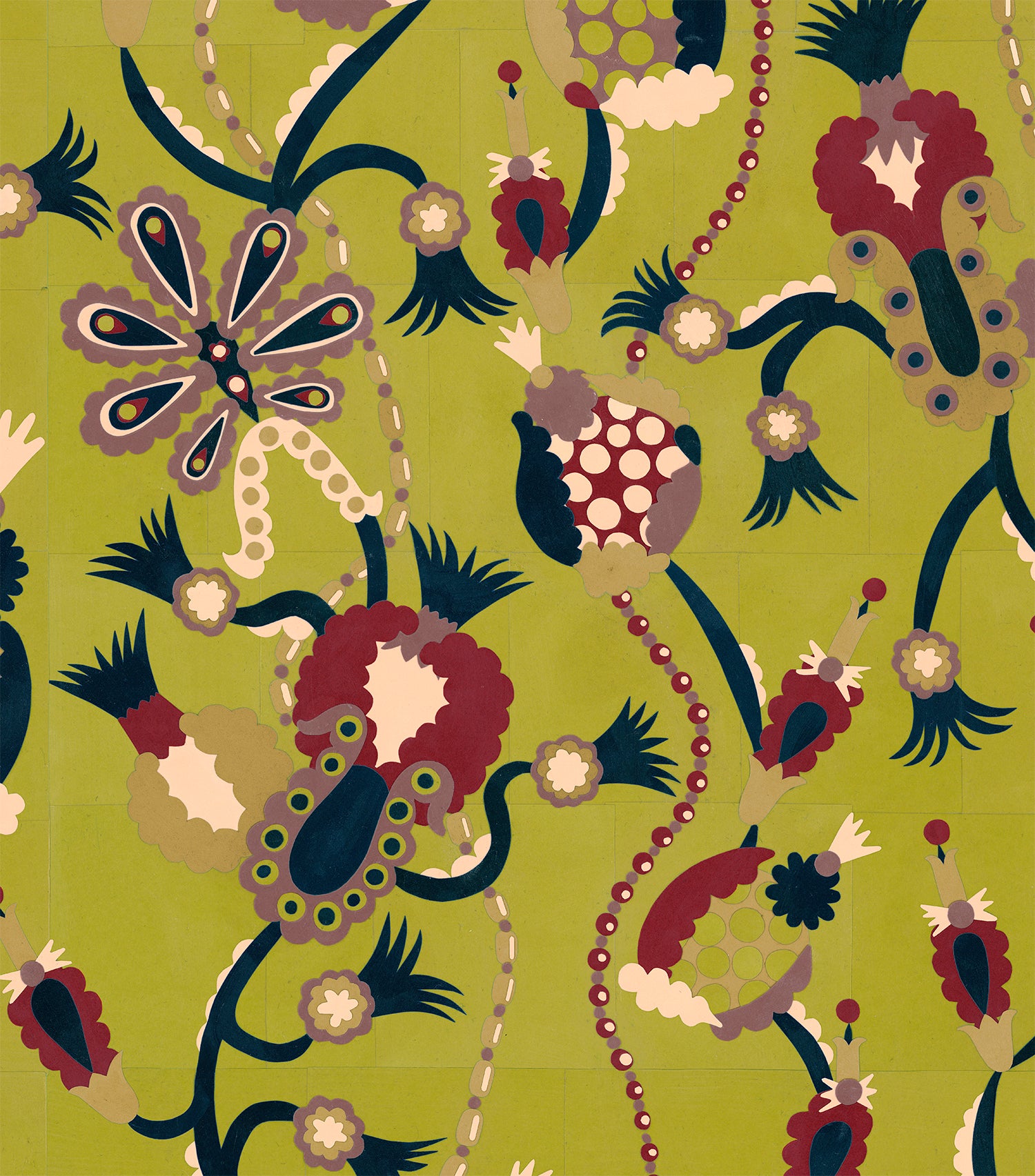 Detail of a playful graphic botanical design  in teal, red, purple and tan on a lime green field.