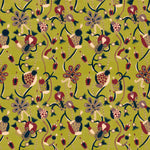 Full repeat image of a playful graphic botanical design  in teal, red, purple and tan on a lime green field.