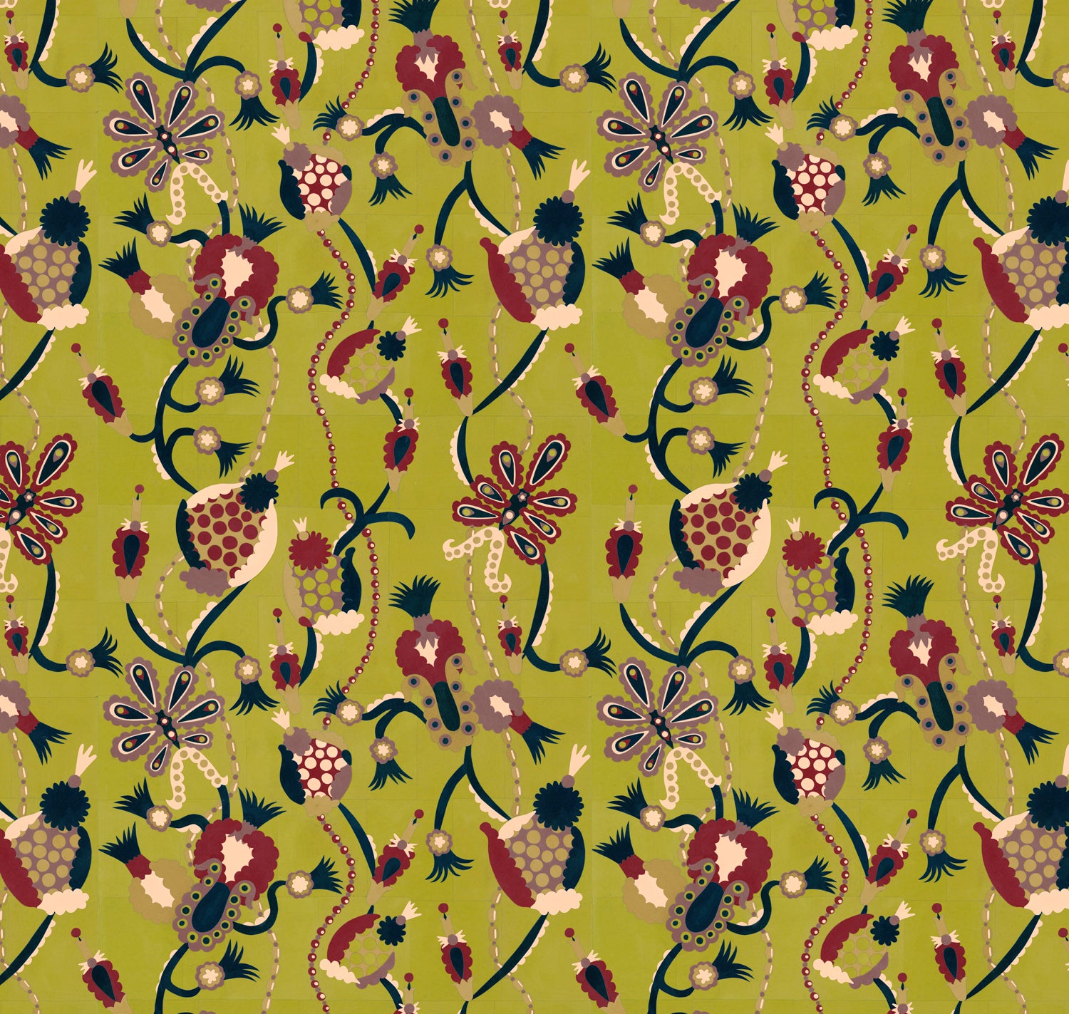 Full repeat image of a playful graphic botanical design  in teal, red, purple and tan on a lime green field.