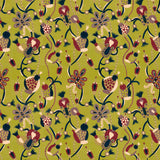 Full repeat image of a playful graphic botanical design  in teal, red, purple and tan on a lime green field.