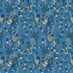 Full repeat image of a playful graphic botanical design  in shades of blue and brown on a bright blue field.