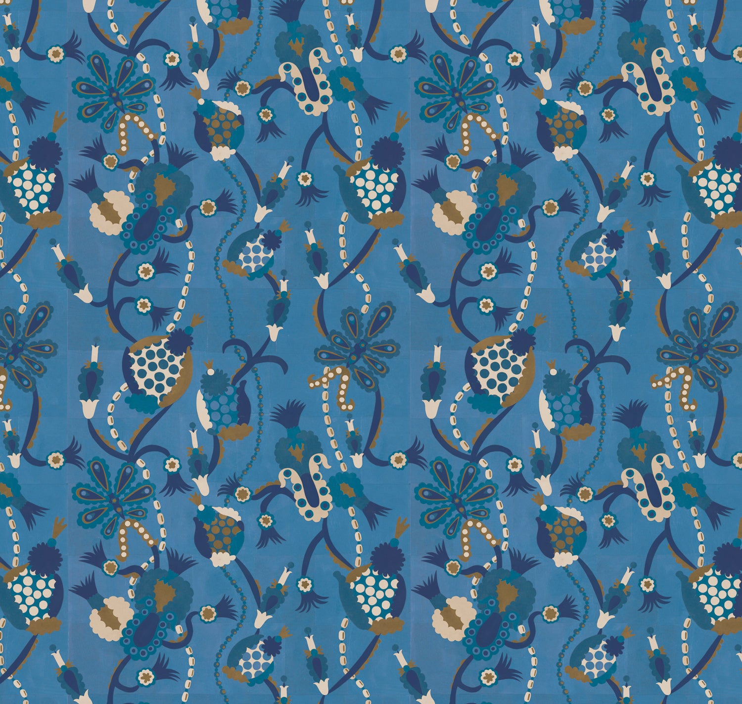Full repeat image of a playful graphic botanical design  in shades of blue and brown on a bright blue field.