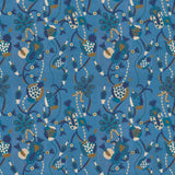Full repeat image of a playful graphic botanical design  in shades of blue and brown on a bright blue field.