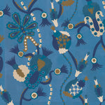 Detail of a playful graphic botanical design  in shades of blue and brown on a bright blue field.