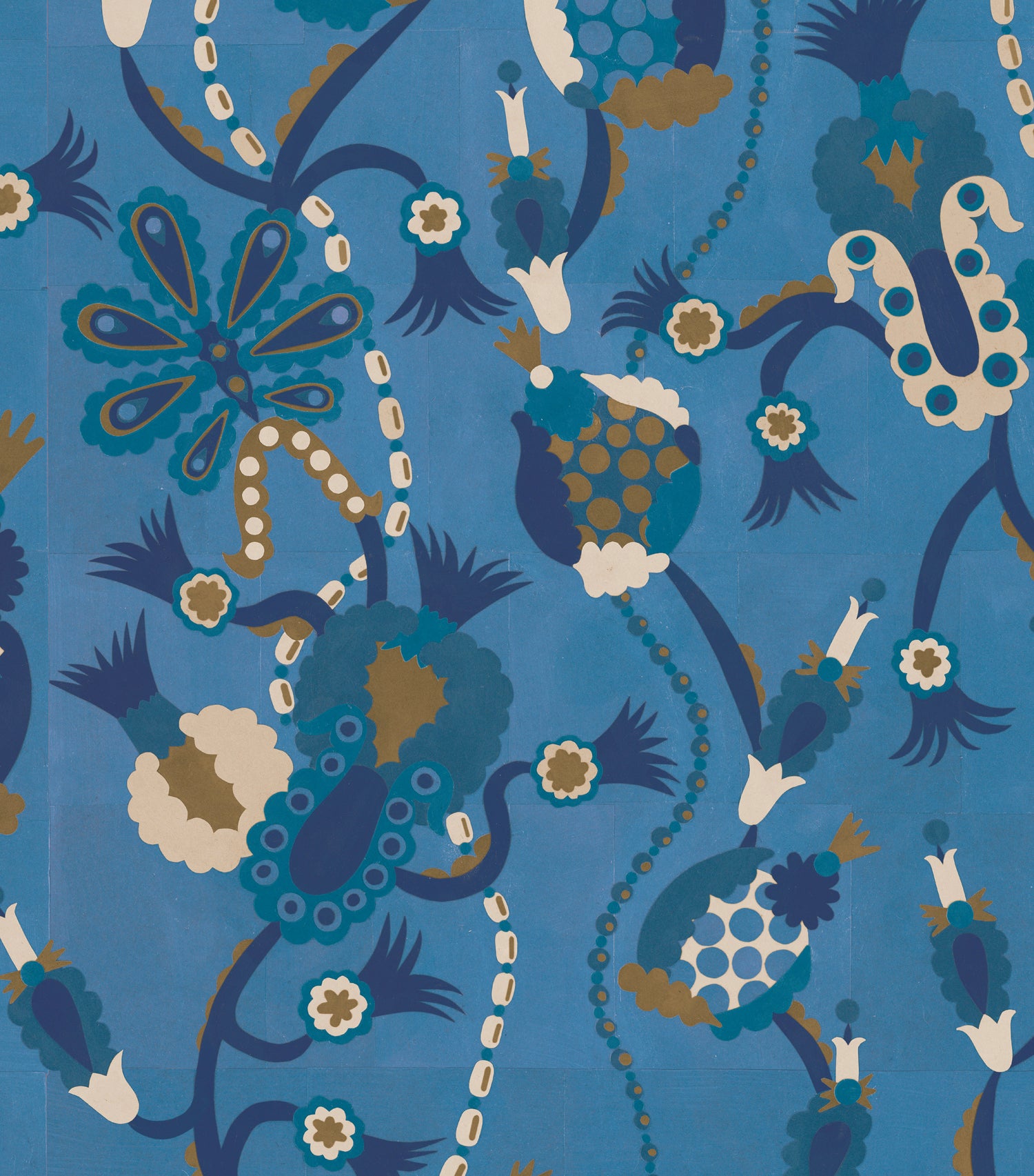 Detail of a playful graphic botanical design  in shades of blue and brown on a bright blue field.