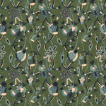 Full repeat image of a playful graphic botanical design  in shades blue and teal on a forest green field.