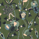 Detail of a playful graphic botanical design  in shades blue and teal on a forest green field.