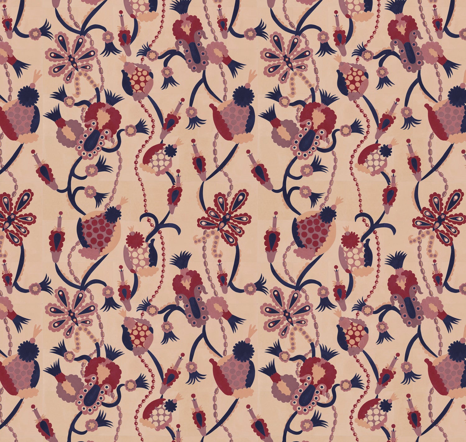 Detail of a playful graphic botanical design  in shades red, purple and pink on a fpale pink field.