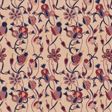 Detail of a playful graphic botanical design  in shades red, purple and pink on a fpale pink field.